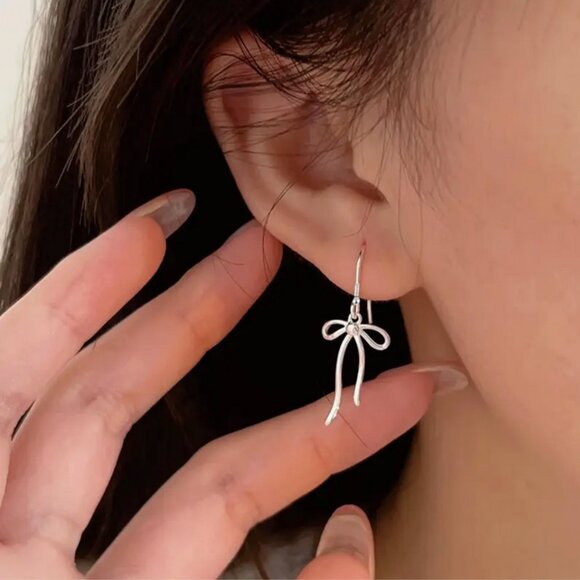 Delicate Silver Bow Dangle Stud Earrings - Picture 2 of 6